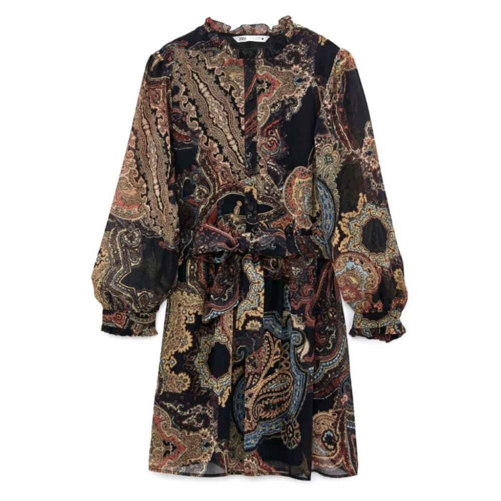 Zara Paisley Print Willow Belted Long Sleeve Mini Shirt Dress M NWT